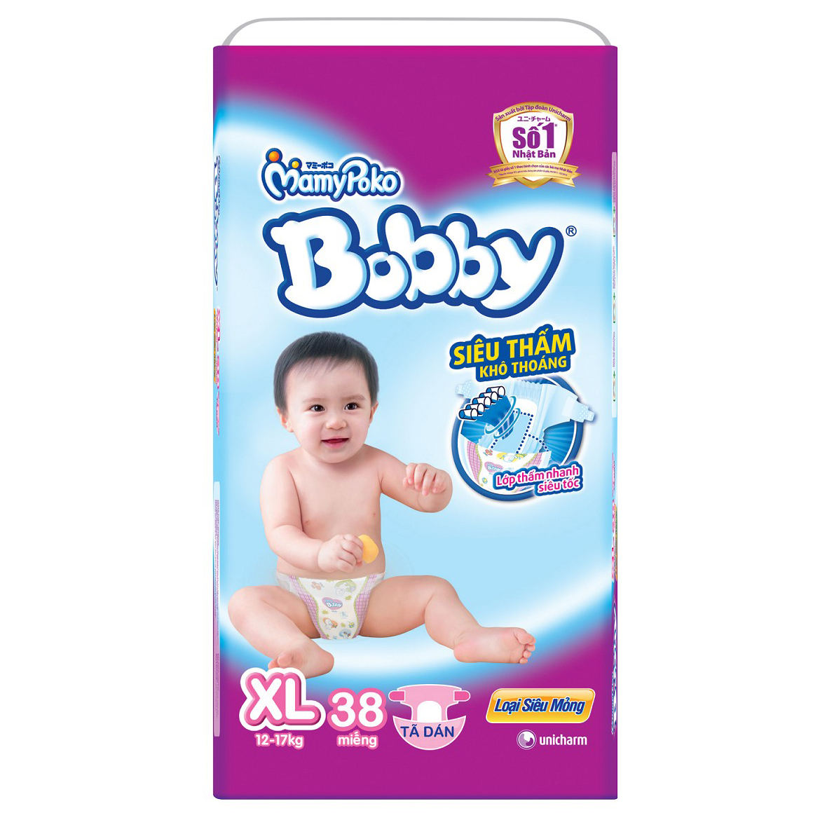 Tã Dán Bobby Fresh Siêu Mỏng Gói Đại XL38 (38 Miếng)